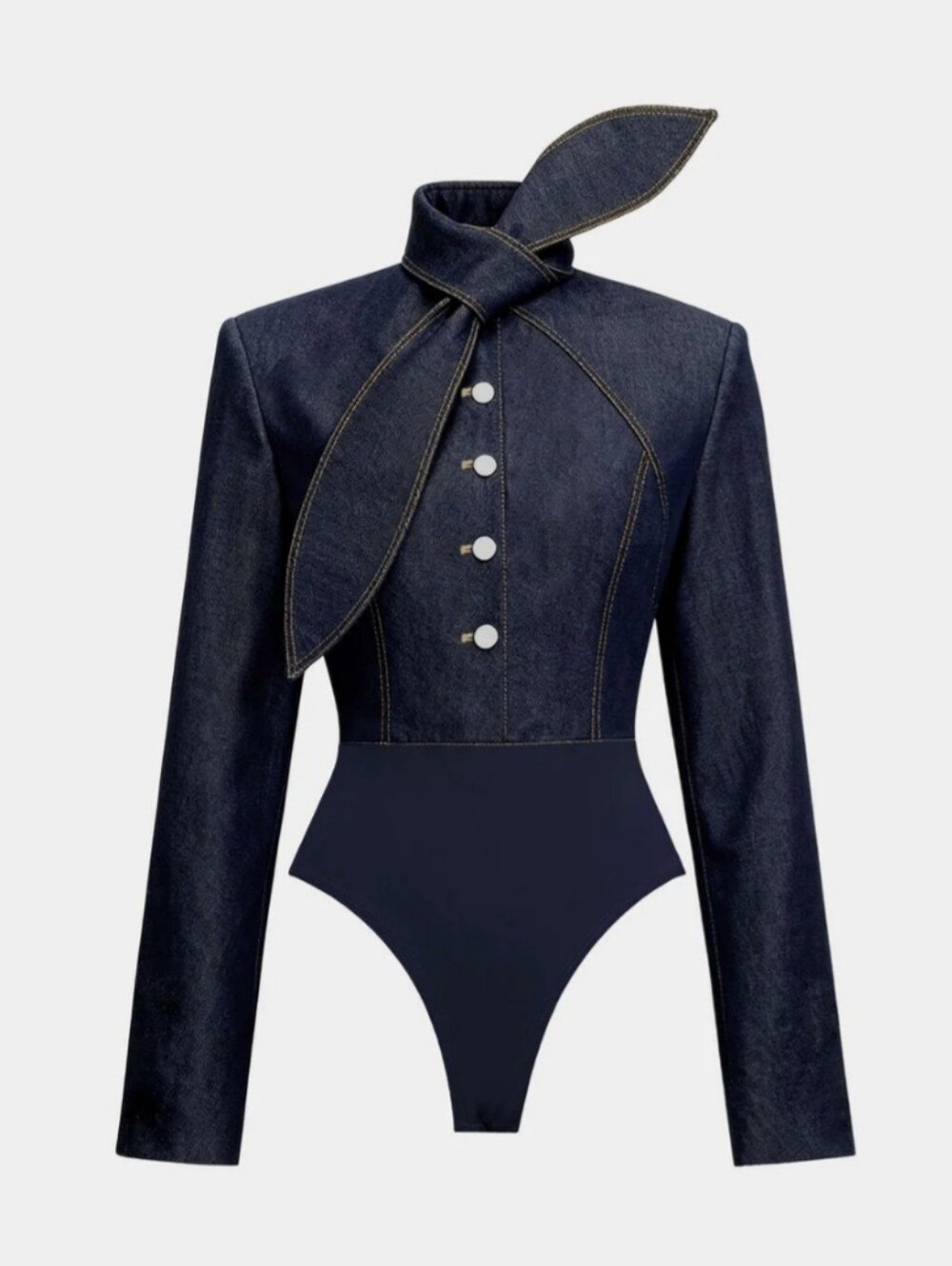 Denim Tie-Up Button Bodysuit - Dark Navy